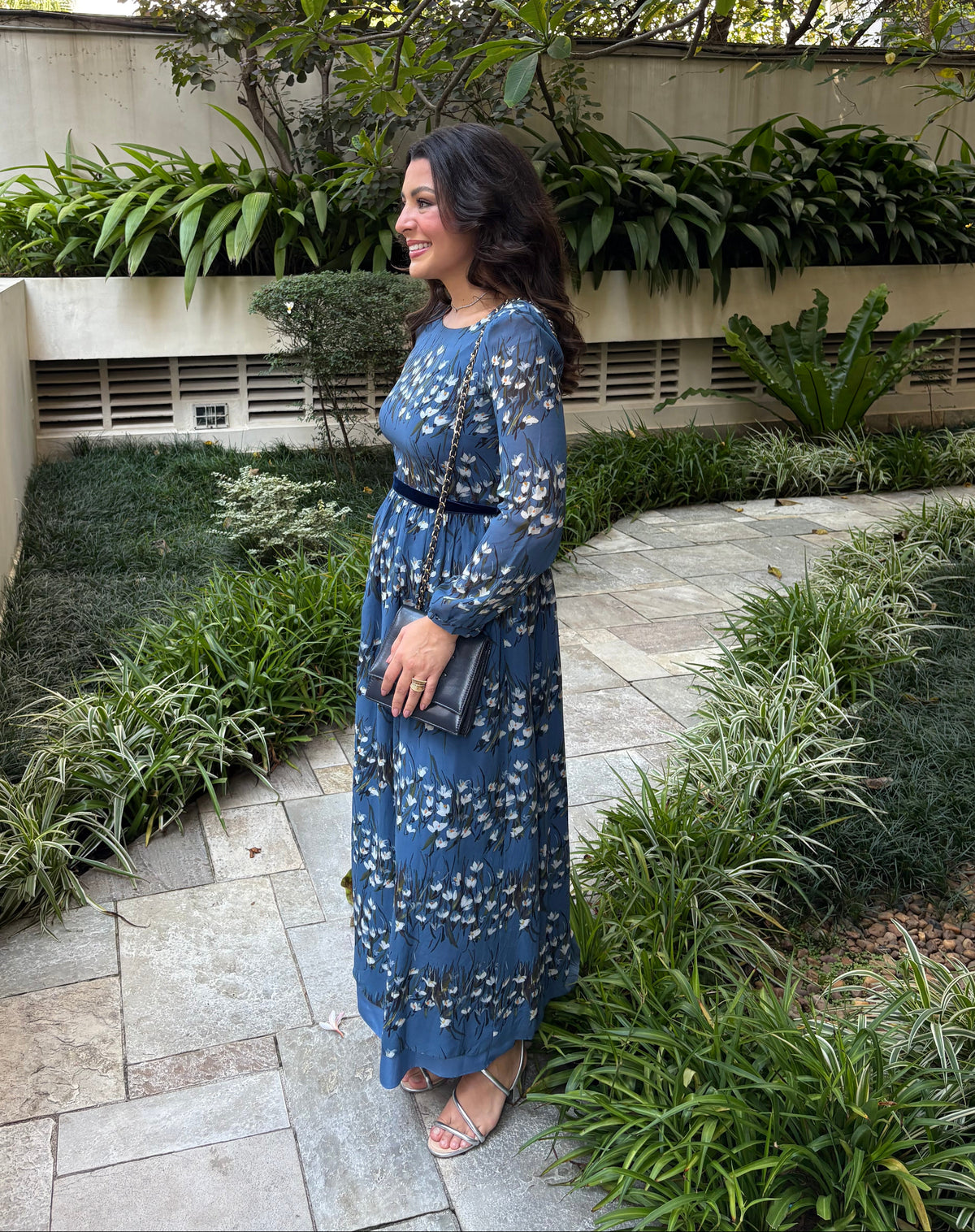 vestido manga florido azul