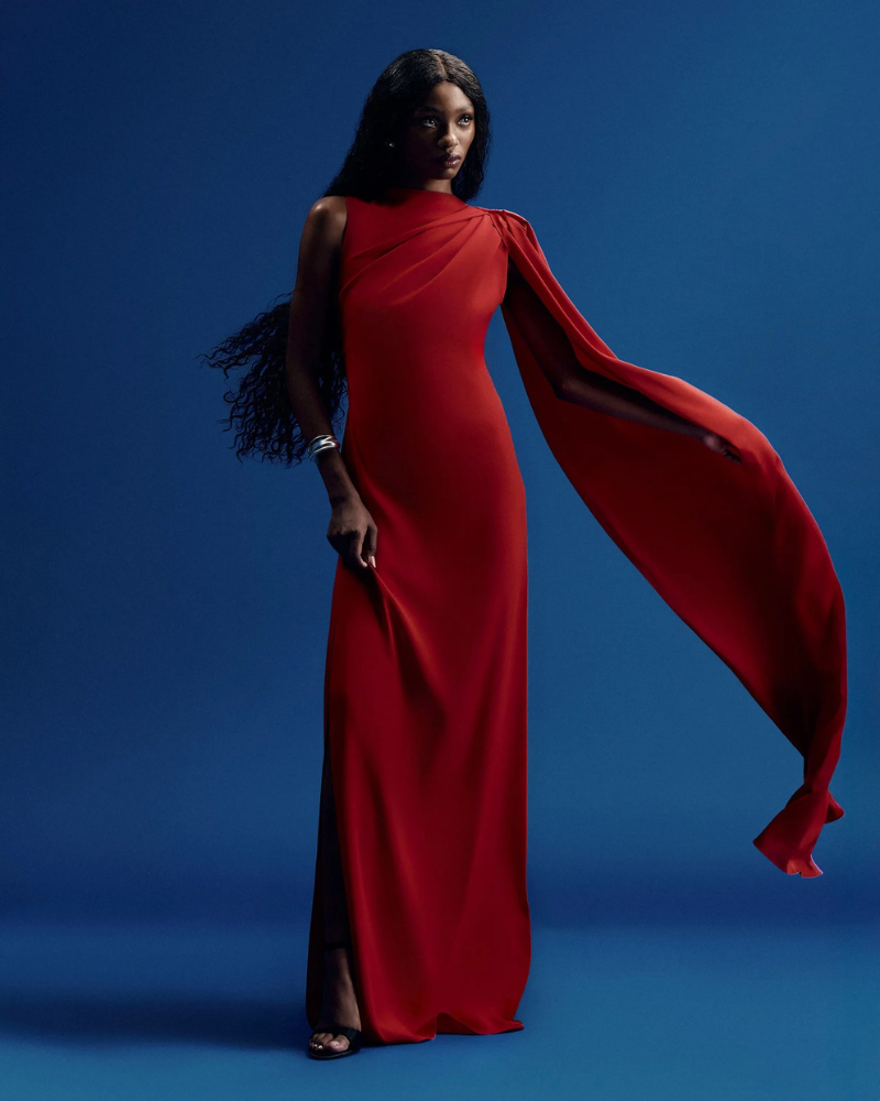 vestido capa unilateral vermelho