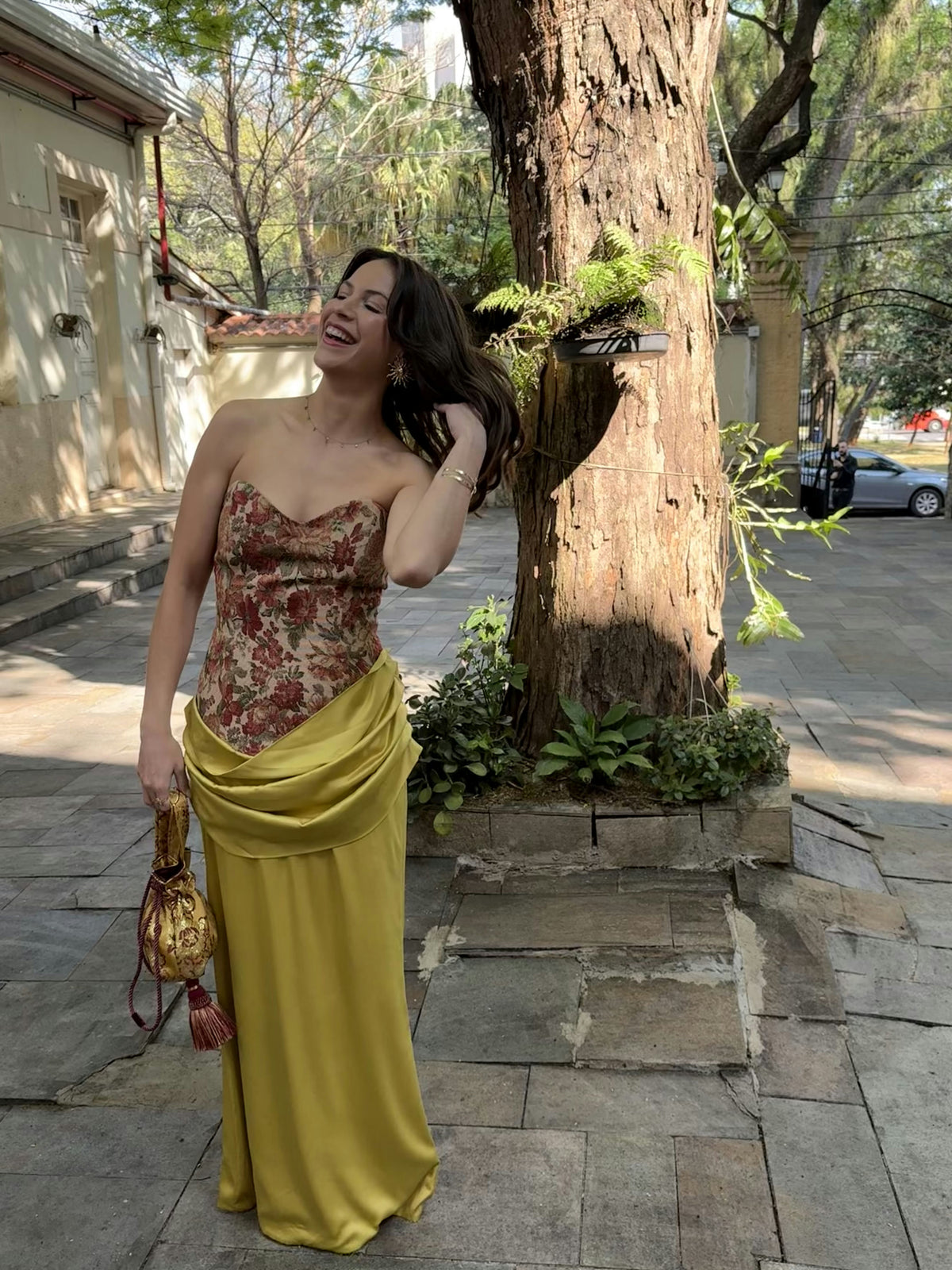 vestido jacquard saia amarelo