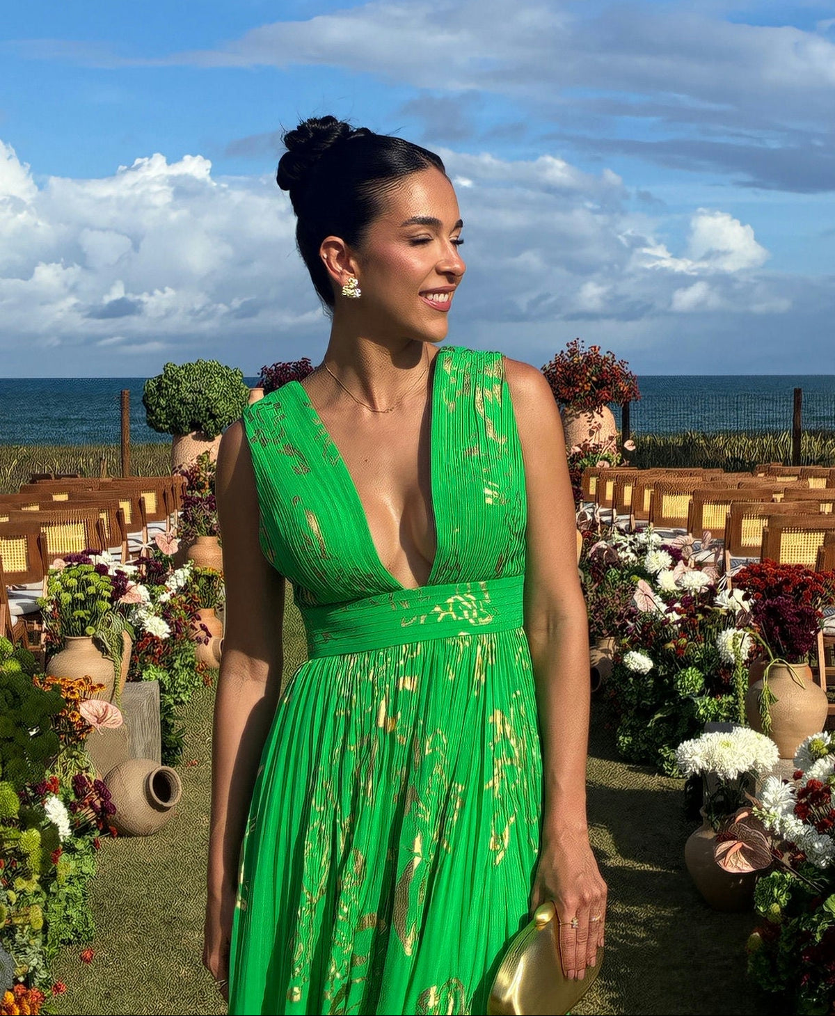 vestido detalhe verde printing