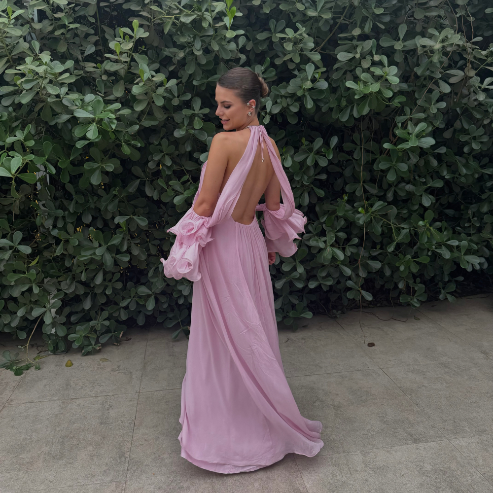 vestido manga babados rosa