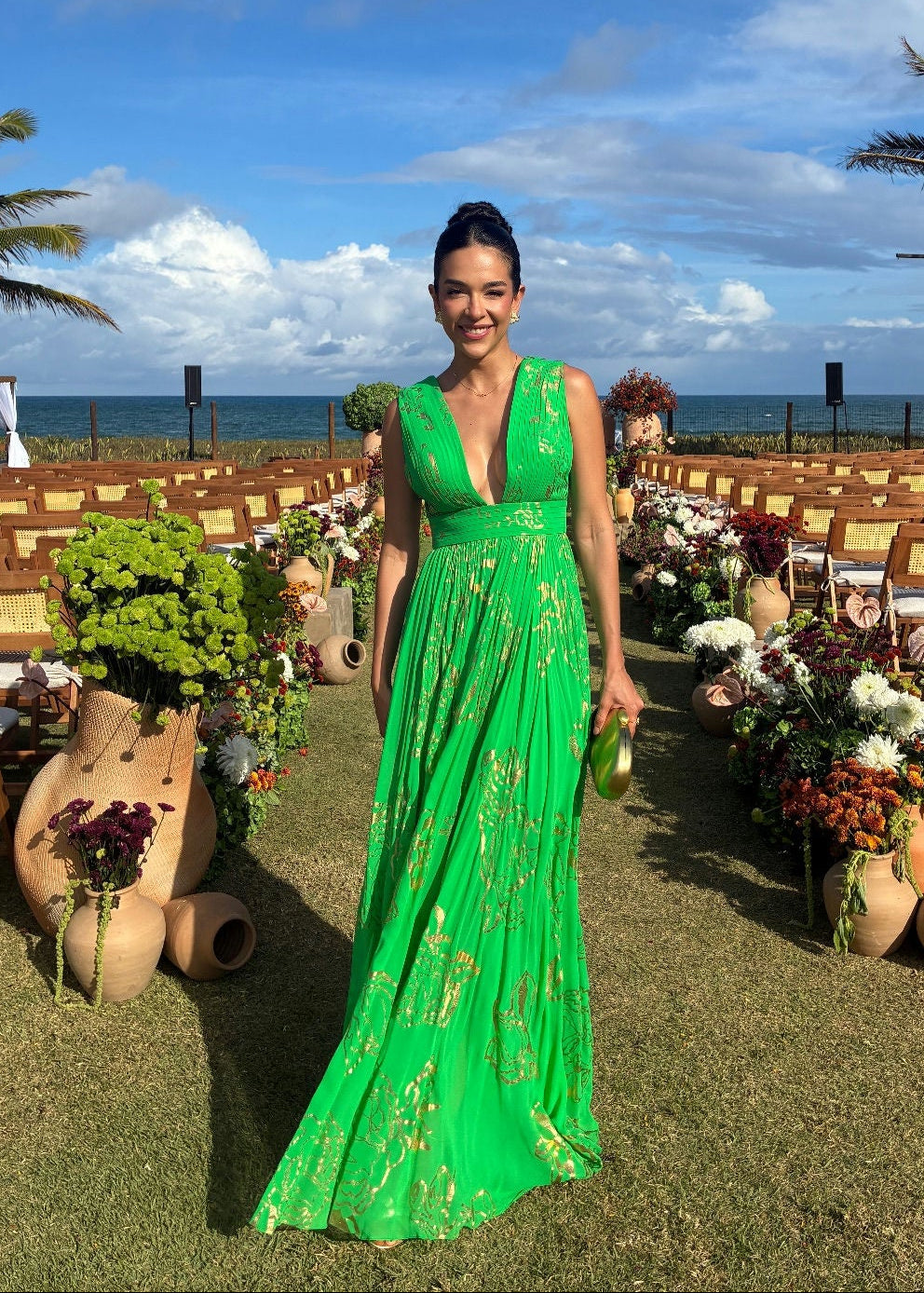 vestido detalhe verde printing