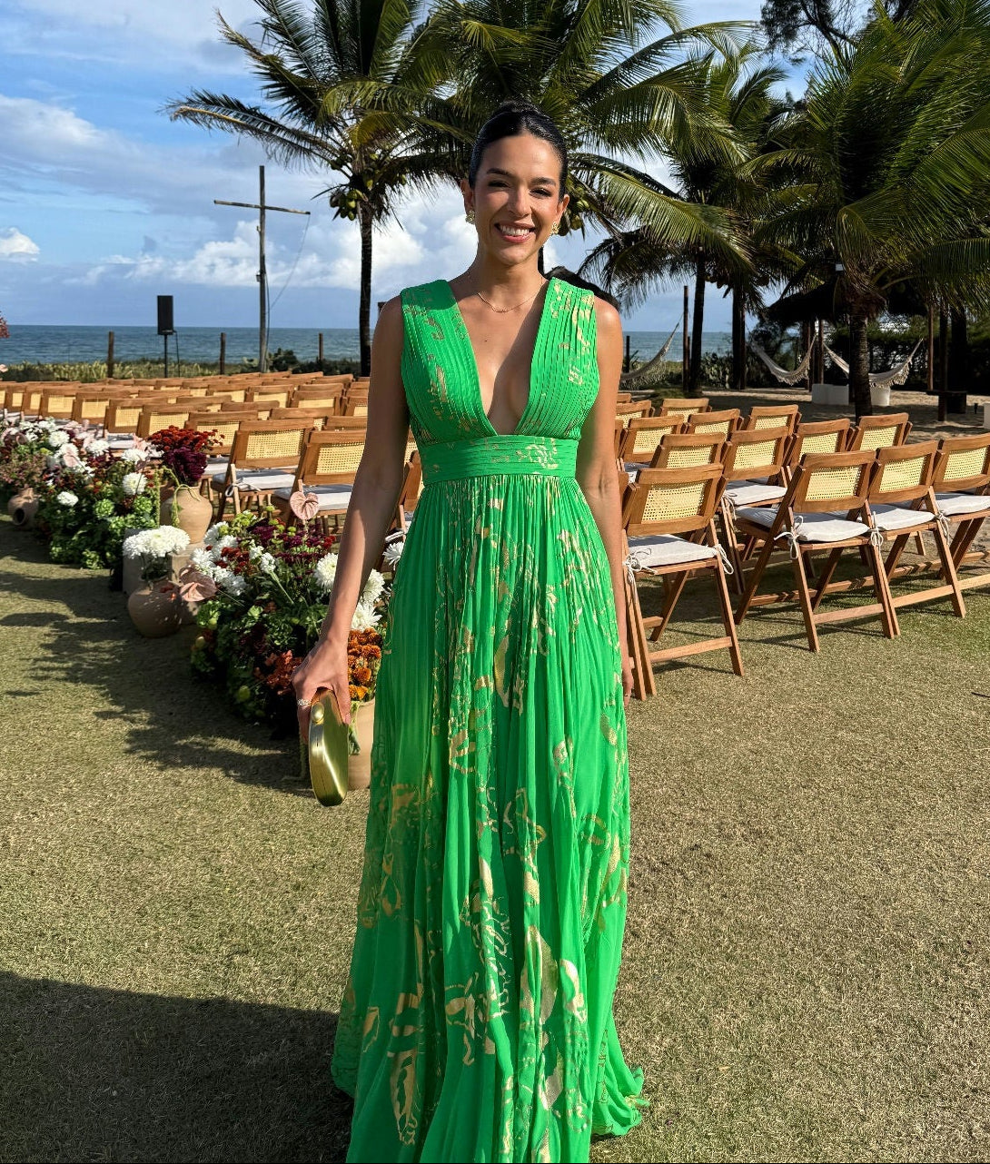 vestido detalhe verde printing