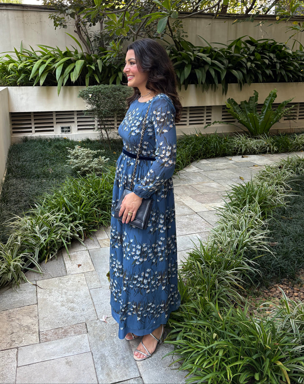 vestido manga florido azul