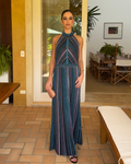 vestido longo tricot azul e roxo