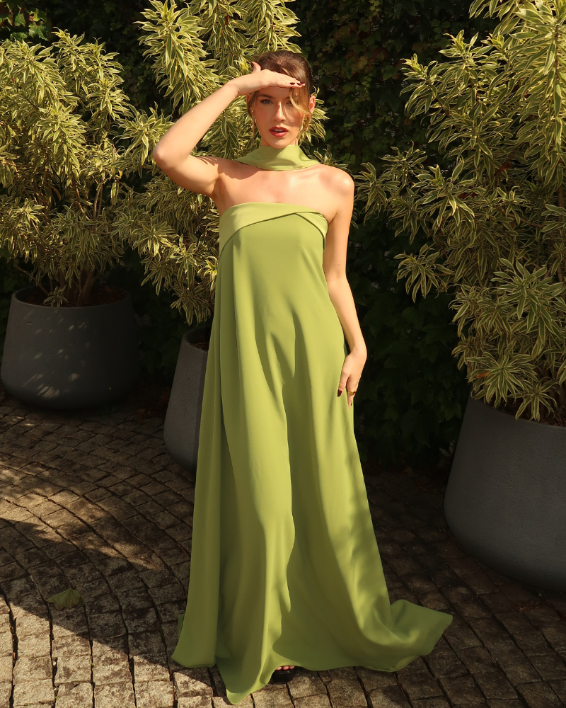 vestido lapela cetim verde