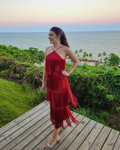 vestido franjas vermelho