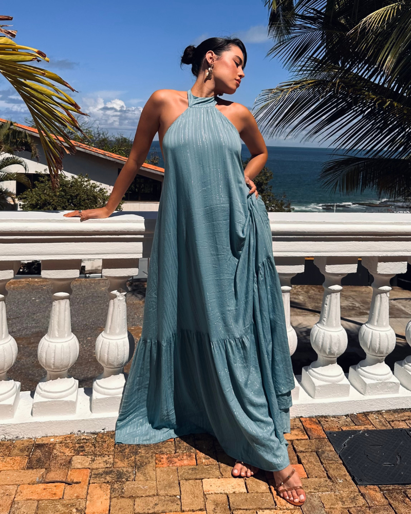 vestido amarração pescoço azul