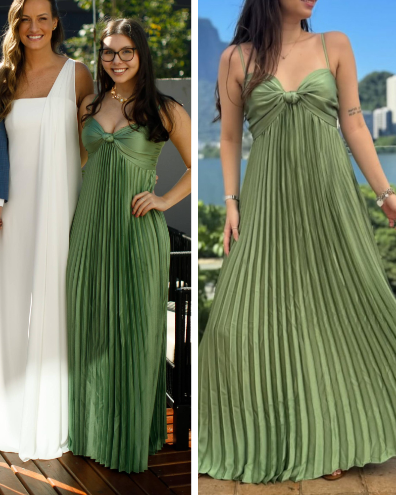 vestido plissado detalhe busto verde