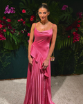 vestido semi plissado cetim rosa