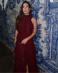 vestido babado longo vinho
