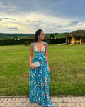 vestido floral longo azul