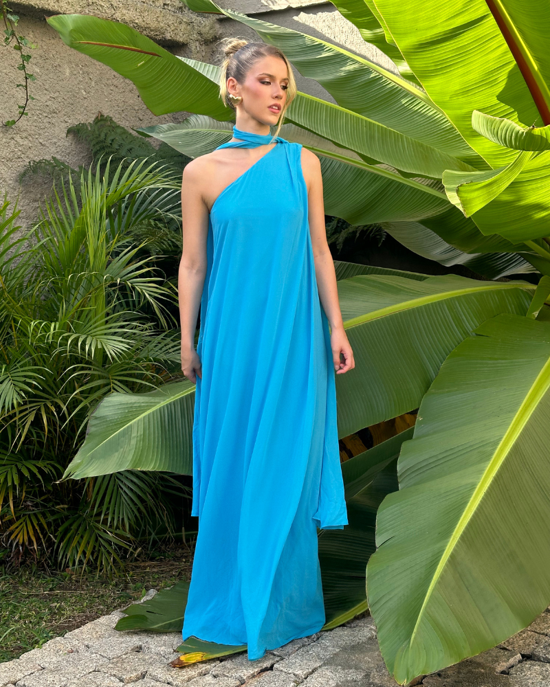 vestido um ombro chocker azul