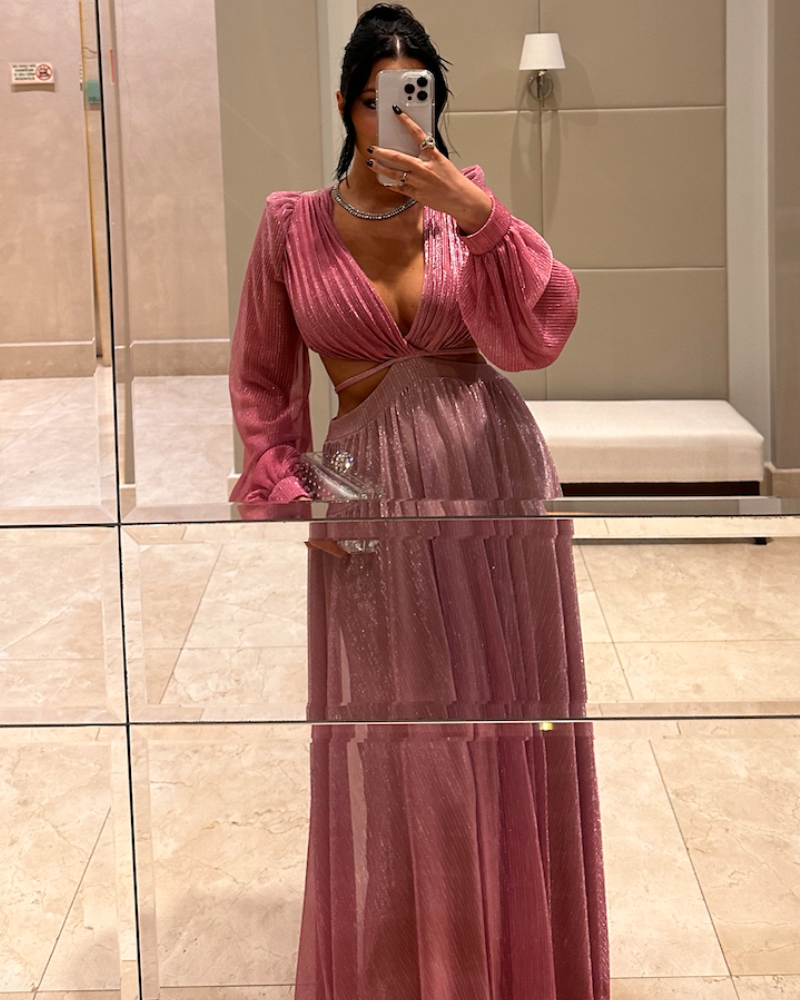 vestido recortes lurex rosa