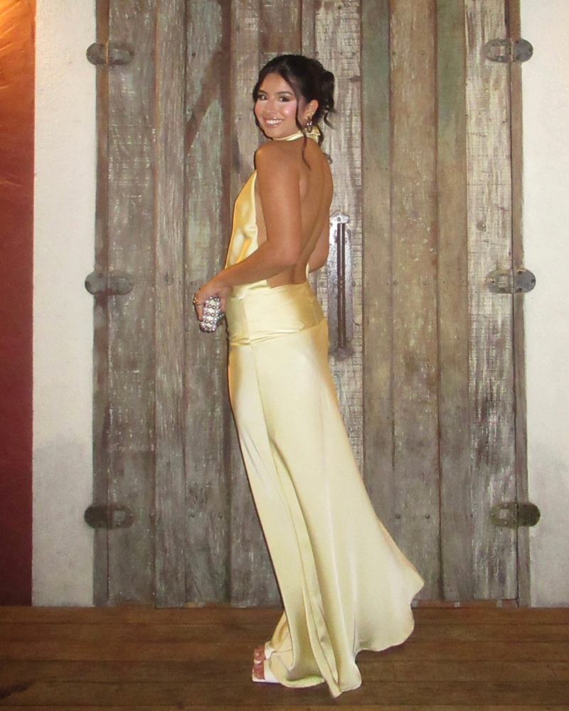 vestido costas abertas amarelo manteiga