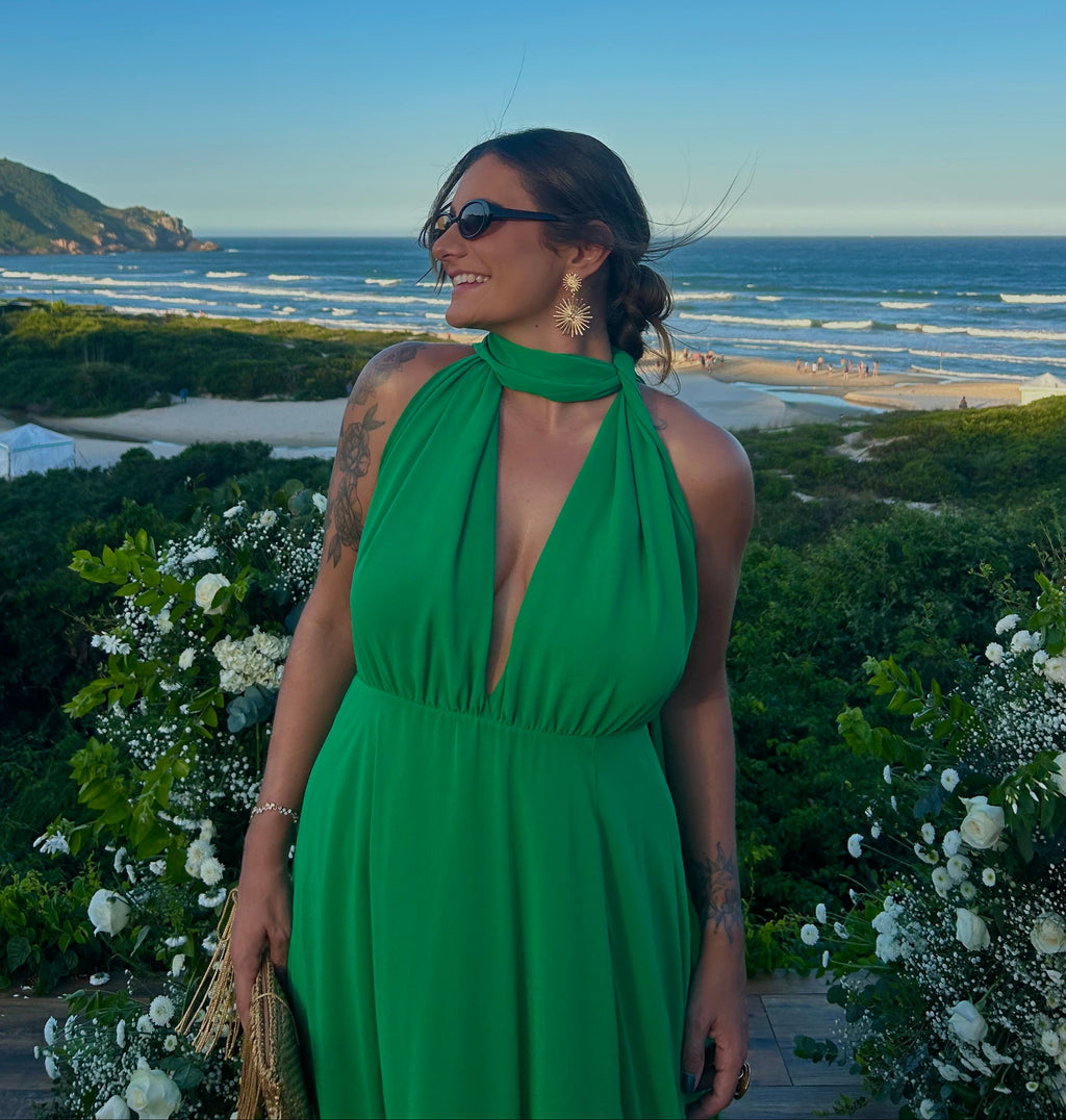 Vestido longo verde amarrações