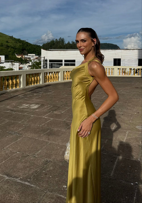 vestido acetinado transpasse verde