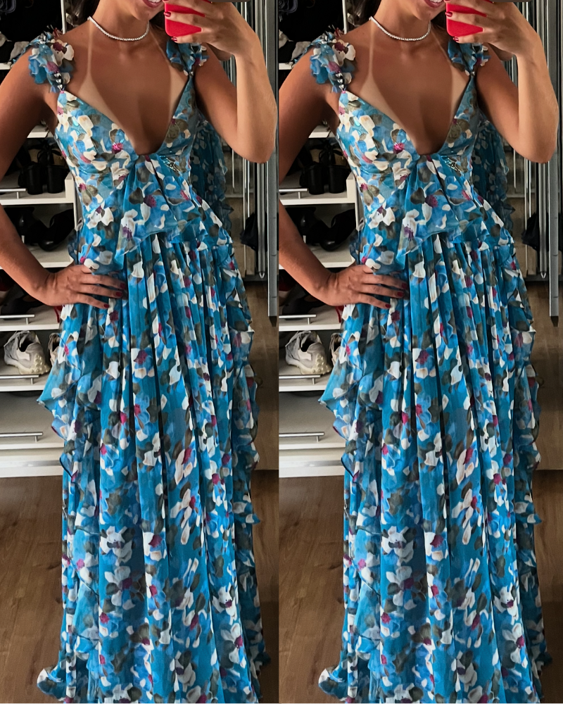 vestido floral longo azul