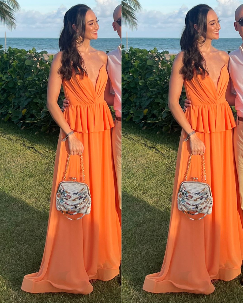 vestido decote v laranja