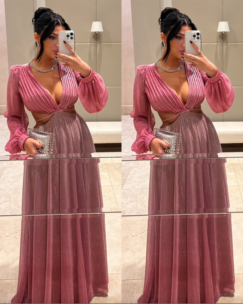 vestido recortes lurex rosa