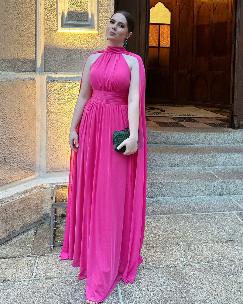vestido capa acinturado rosa