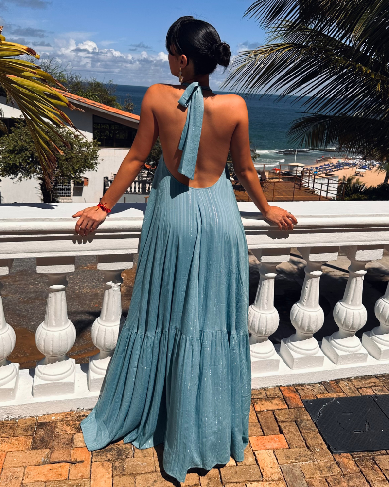 vestido amarração pescoço azul