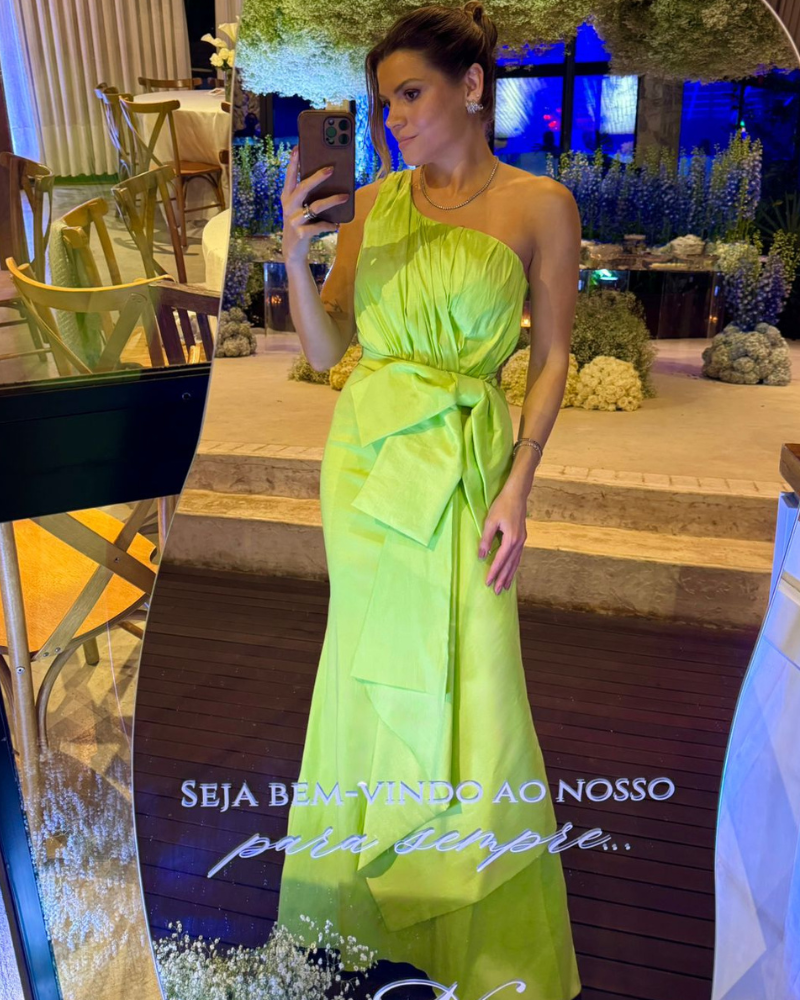 vestido laço drapeado verde lima