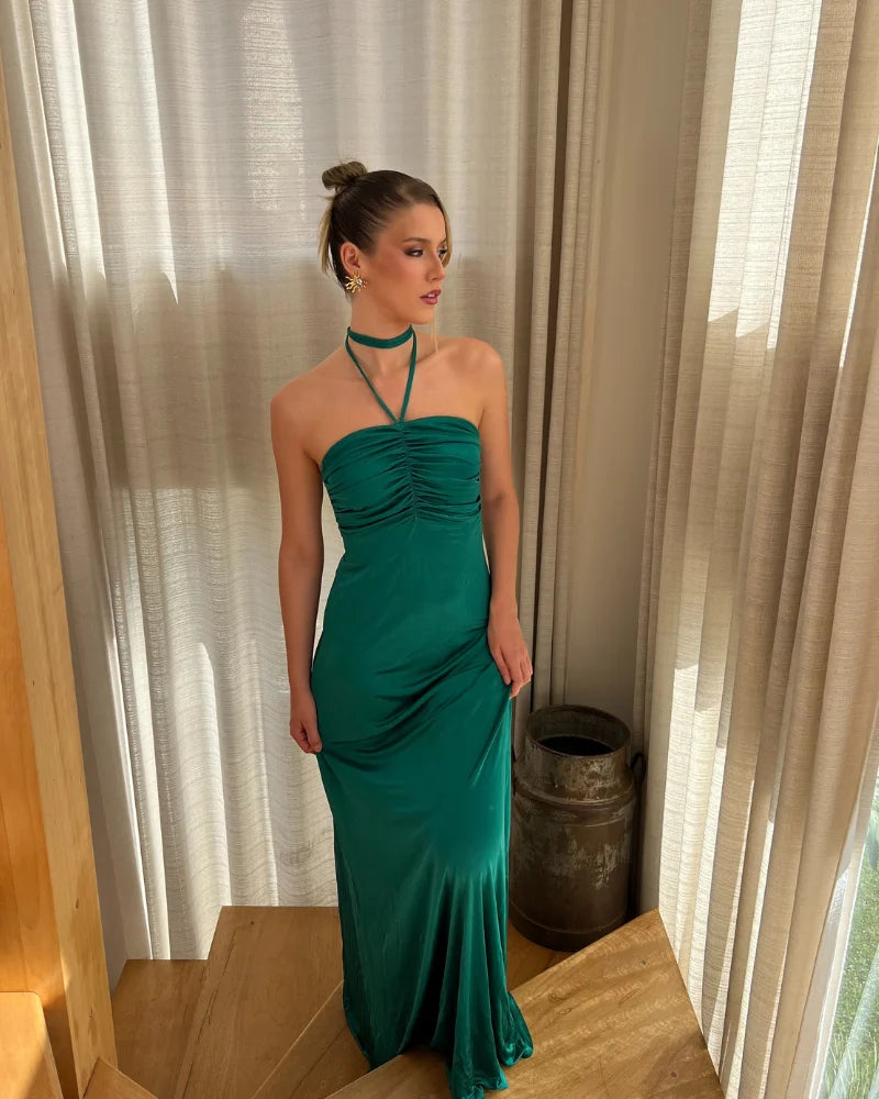 vestido amarração pescoço verde