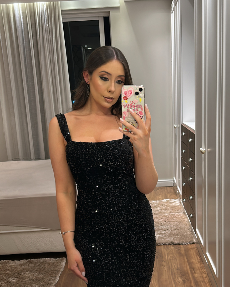 vestido midi paetê preto