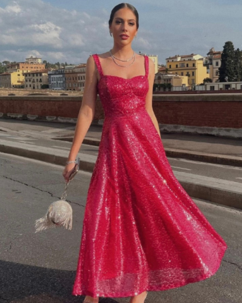 vestido midi paete rosa
