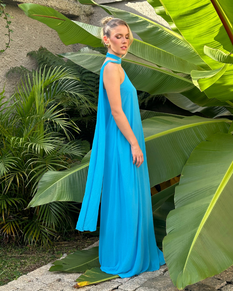 vestido um ombro chocker azul