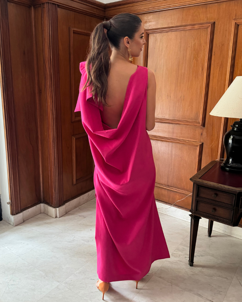 vestido longuete laço no ombro rosa