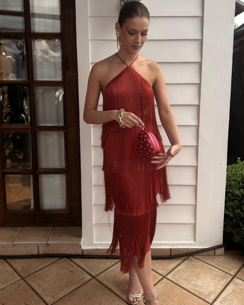 vestido franjas vermelho