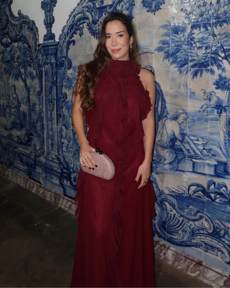 vestido babado longo vinho