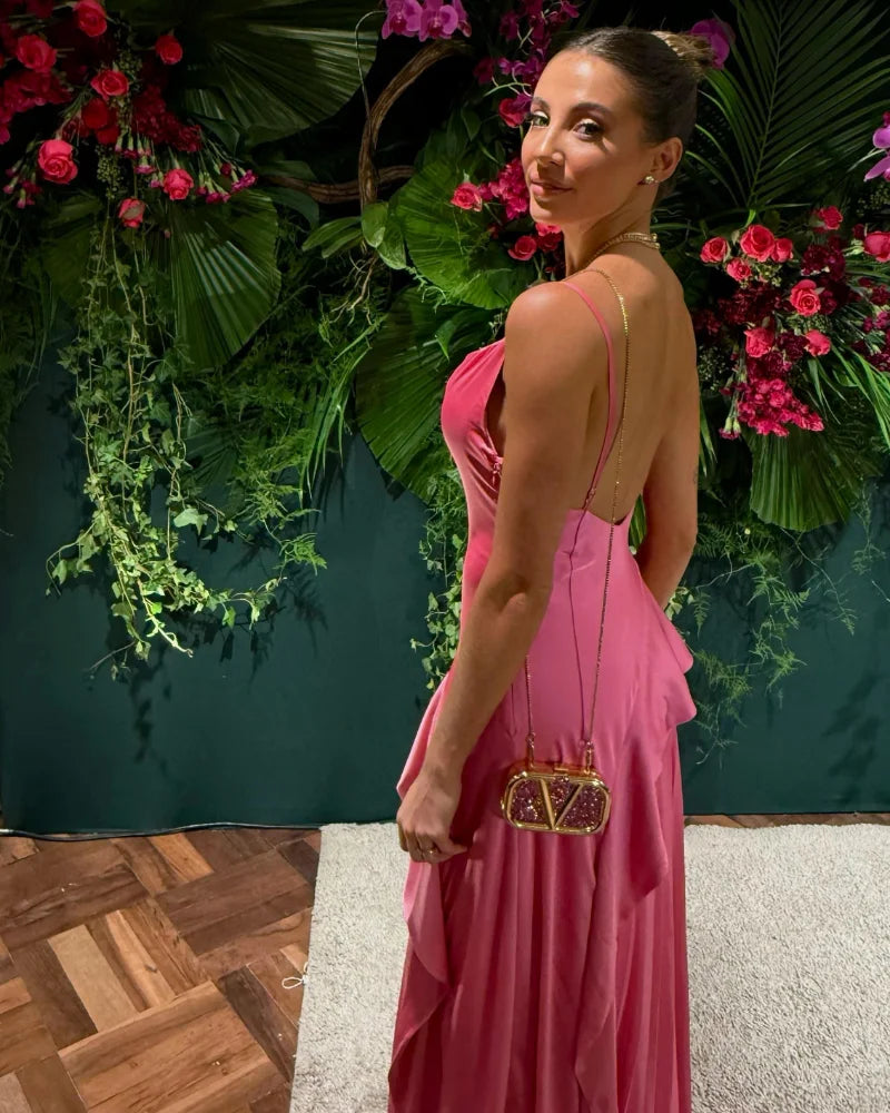 vestido semi plissado cetim rosa