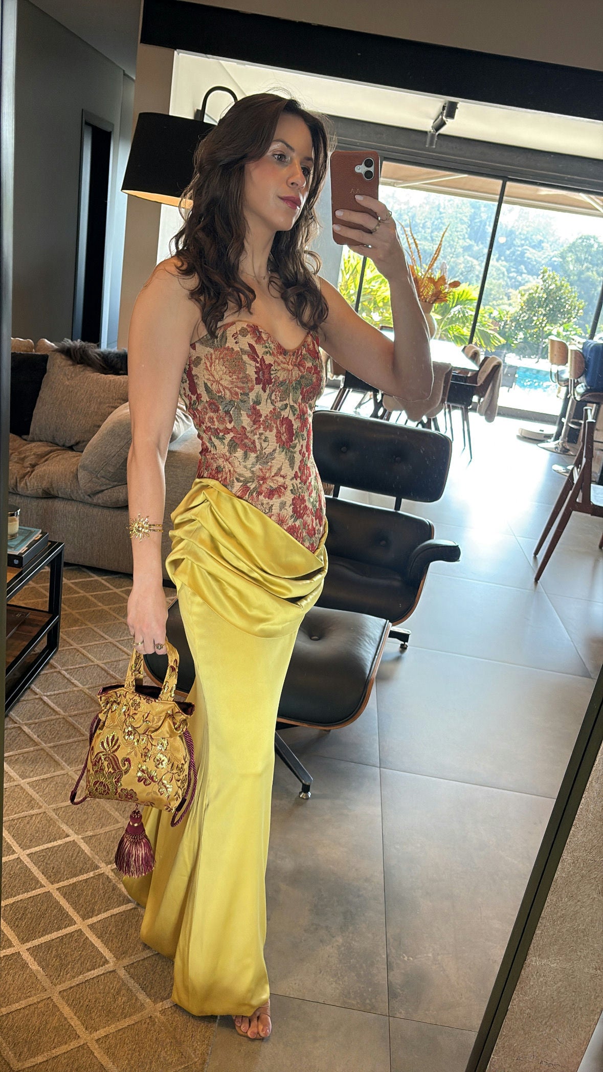 vestido jacquard saia amarelo