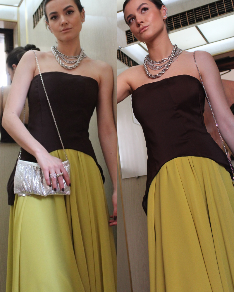 conjunto saia midi verde lima e corset preto