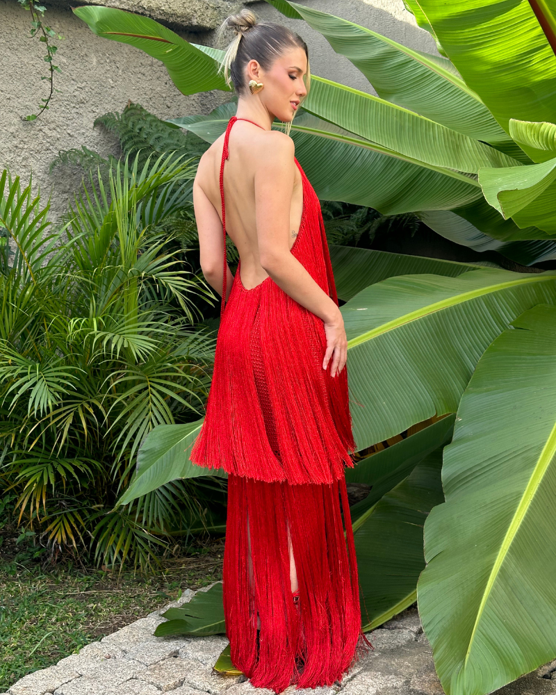 vestido crochê de franjas vermelho