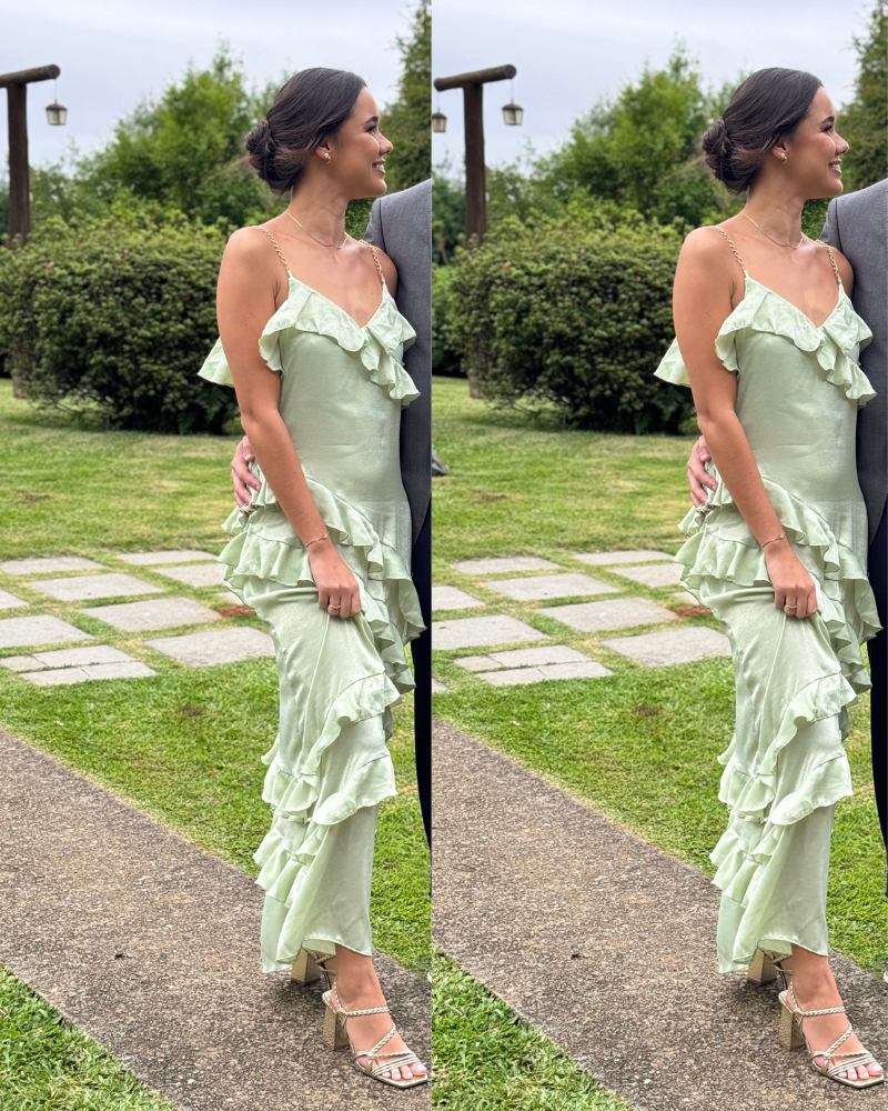 vestido babados verde água