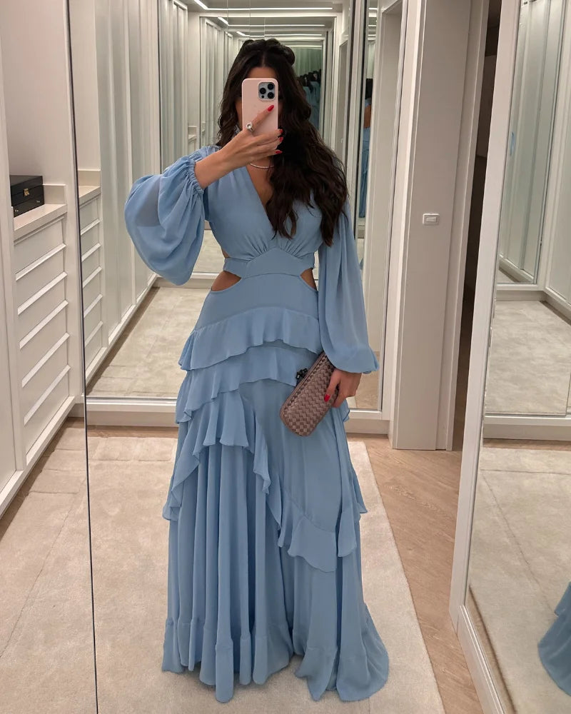 vestido camadas e manga bufante azul bebe