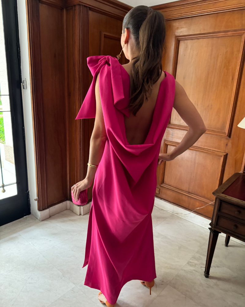 vestido longuete laço no ombro rosa