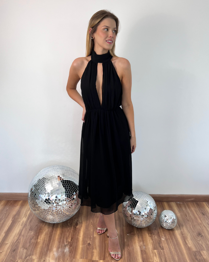 vestido midi decote preto