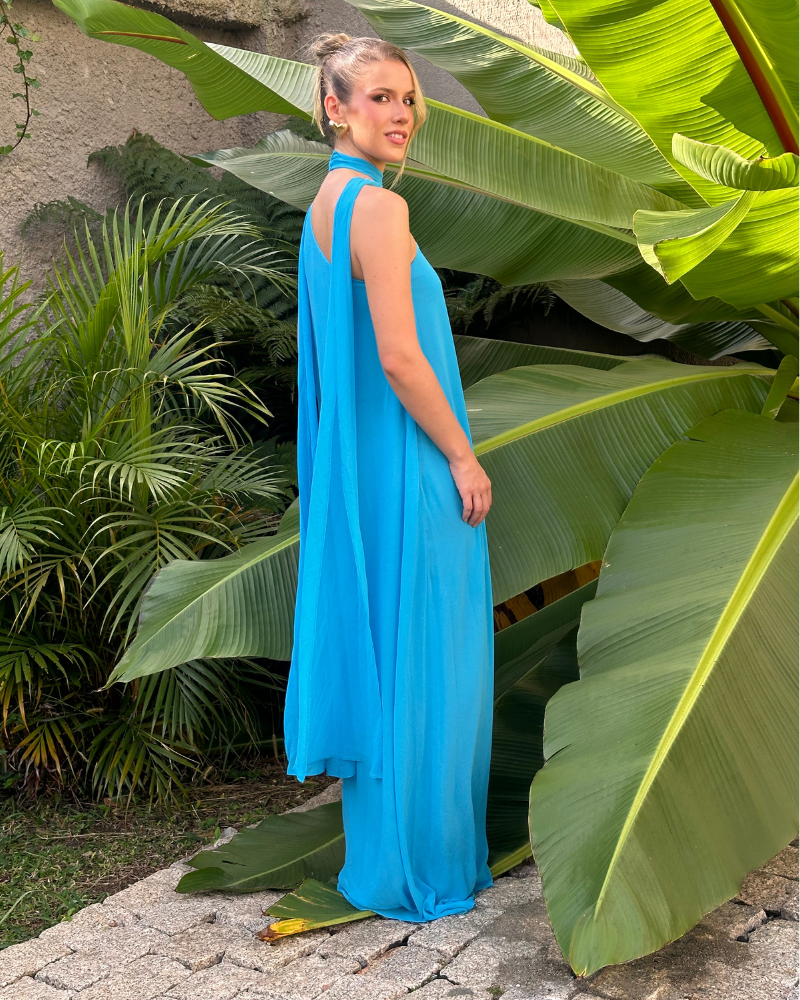 vestido um ombro chocker azul