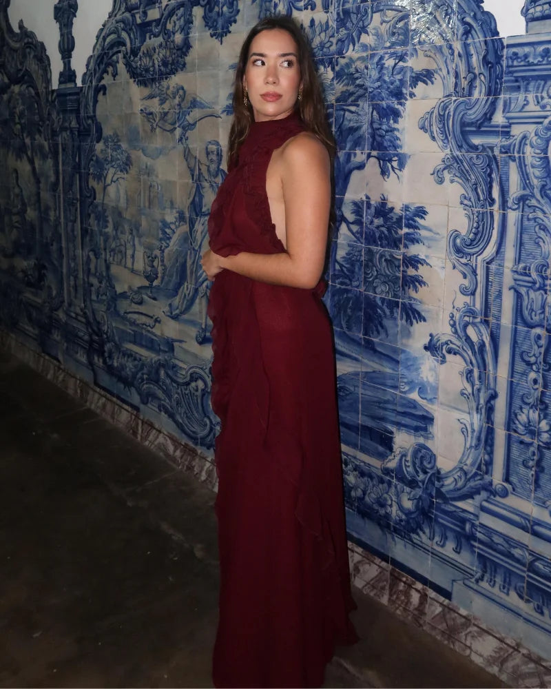 vestido babado longo vinho