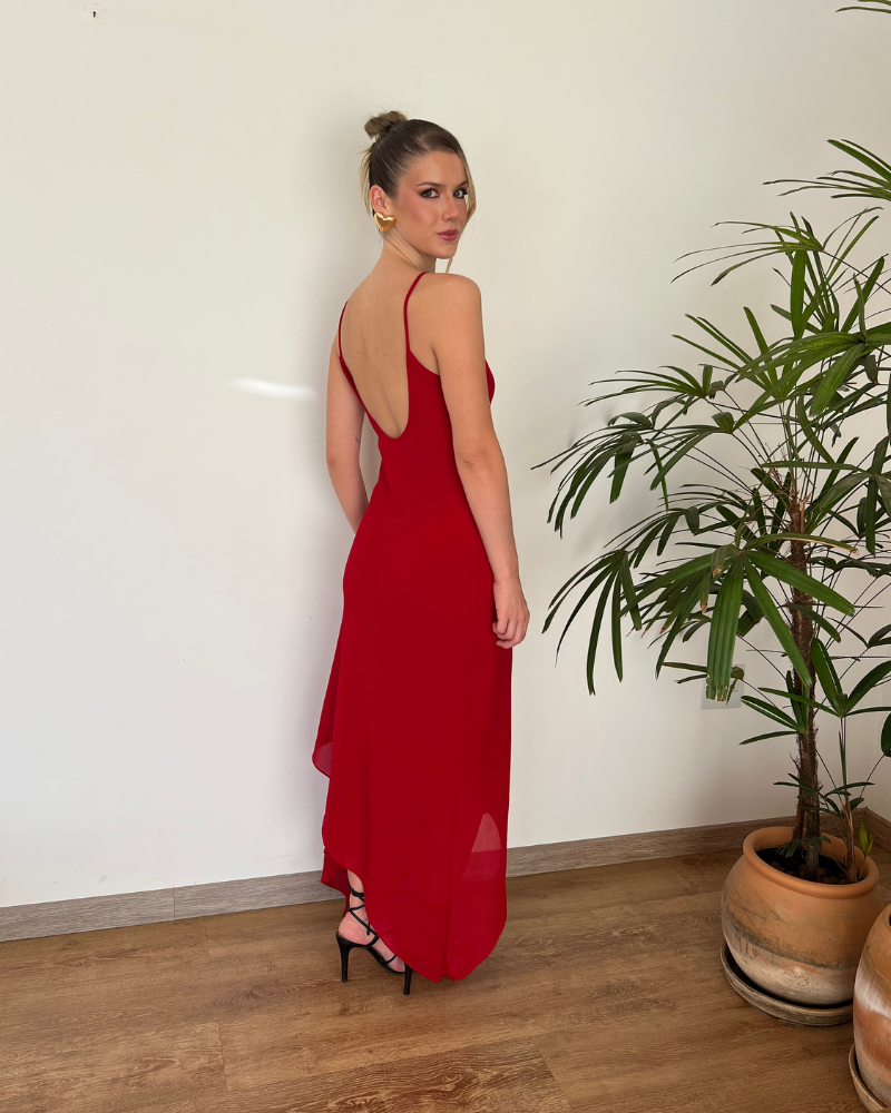 vestido camadas assimétrico vermelho