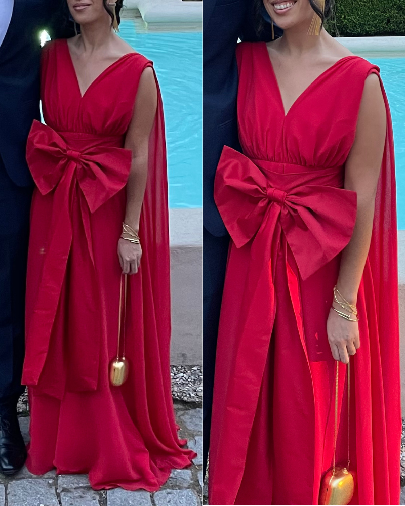 vestido capa detalhe cintura laço vermelho