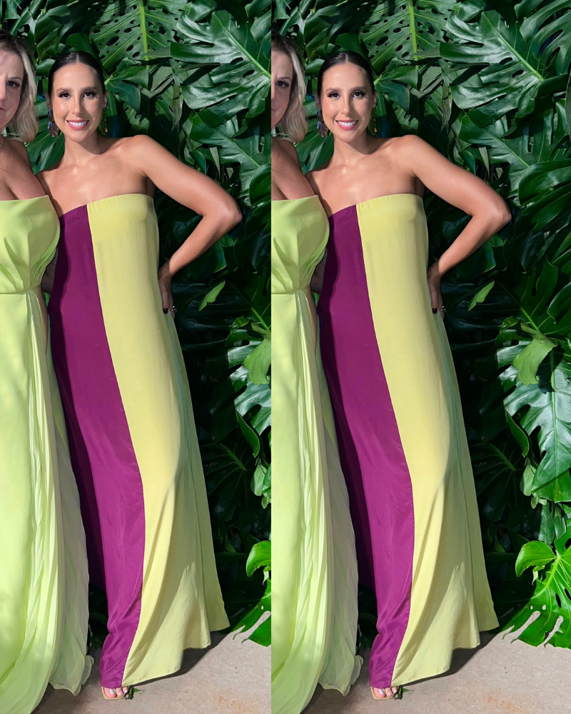 vestido tomara que caia roxo e amarelo