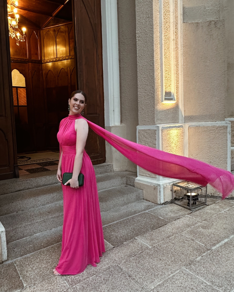 vestido capa acinturado rosa