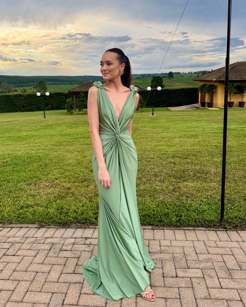 vestido sereia trançado verde