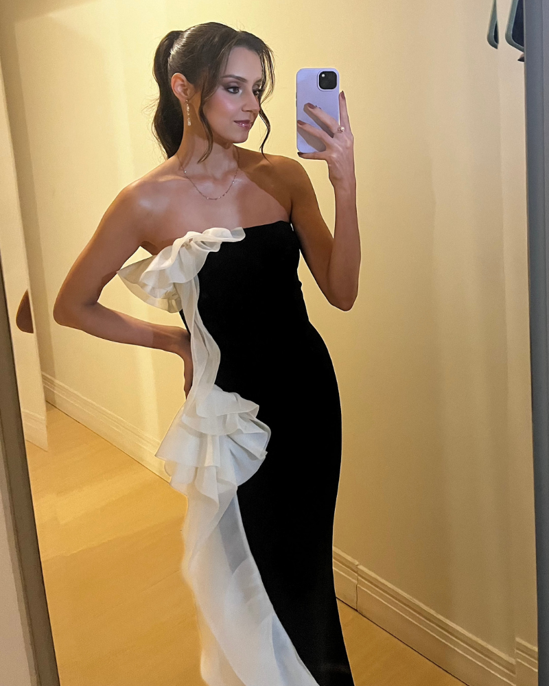vestido seda organza lateral